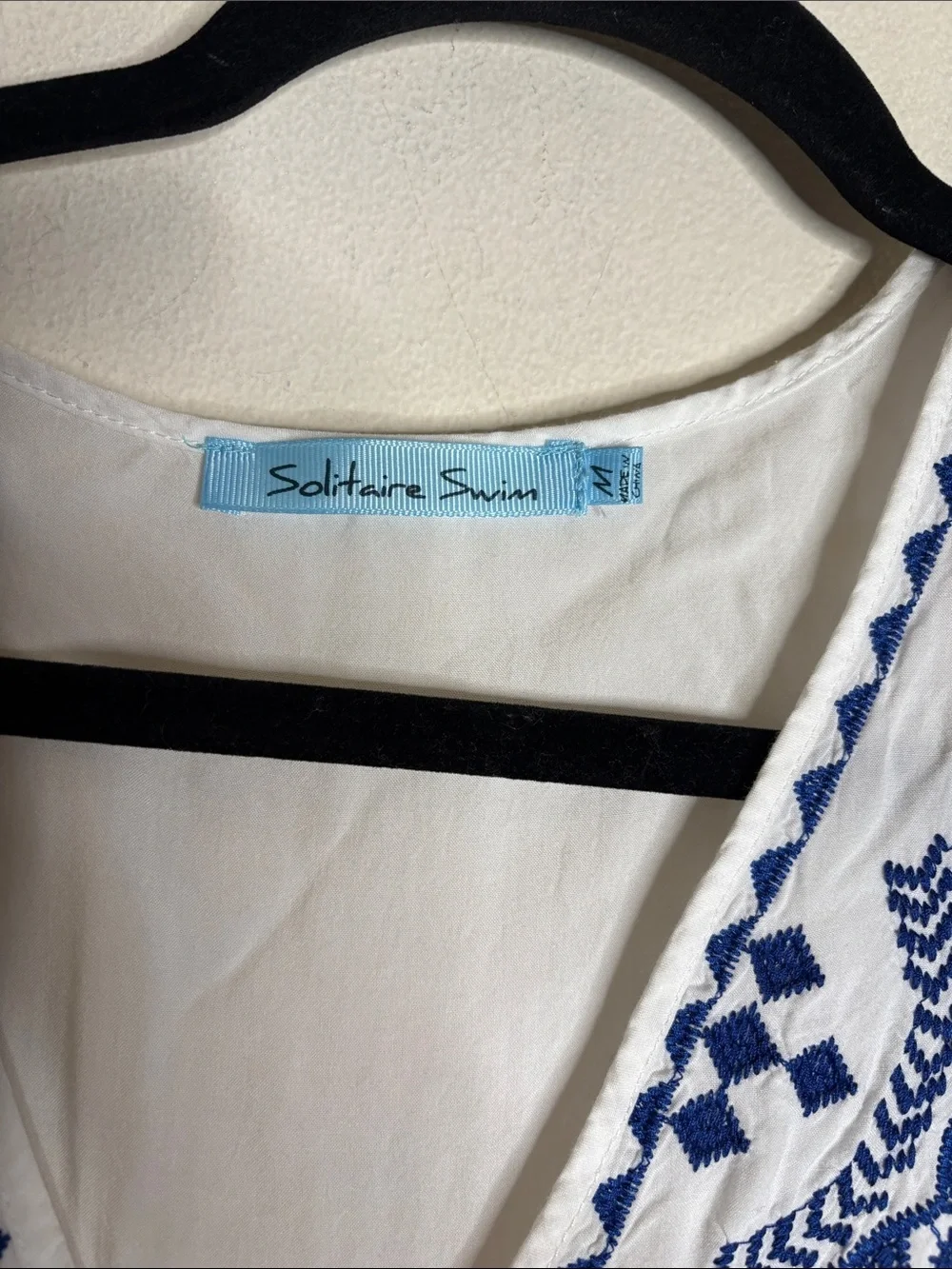 Solitaire White V-Neck Tunic with Blue Embroidery